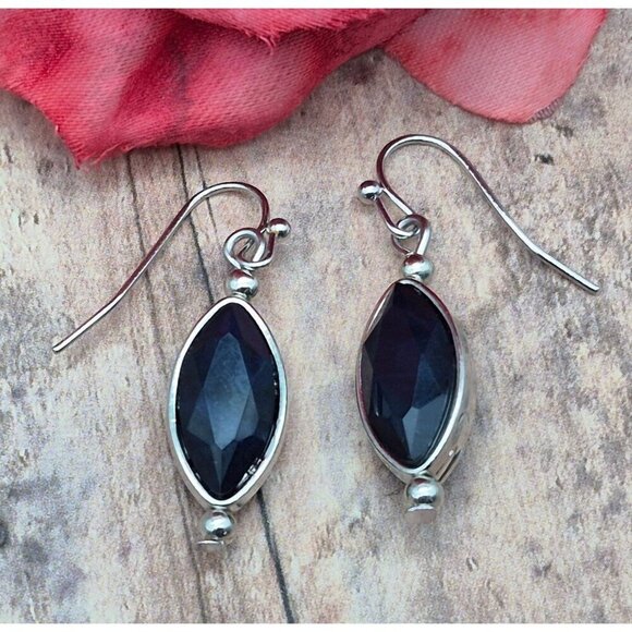 Lot of 3 Silver Tone Pierced Dangle Drop Earrings Hoops Swirl Navy Blue Centers - Picture 9 of 10